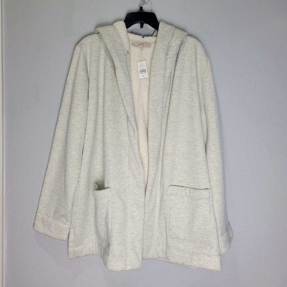 Loft XL Grey Open Front Hooded Sherpa Lined Cardigan Jacket